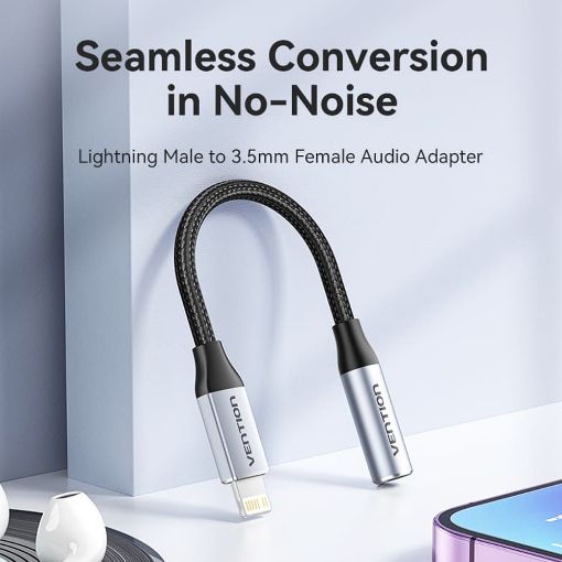 Εικόνα της Adapter Vention Lightning Male to 3.5mm Female 0.1m Silver BMBHA