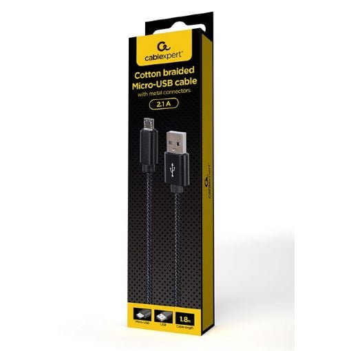 Εικόνα της Καλώδιο Cablexpert USB-A Male to Micro USB Male Cotton Braided 1.8m Black CCDB-MUSB2B-AMBM-6