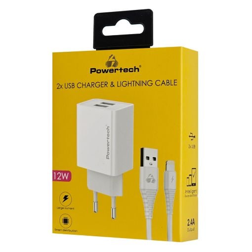 Εικόνα της Φορτιστής Powertech 2x USB-A με καλώδιο Lightning 12W White PT-1325