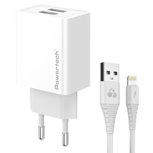 Εικόνα της Φορτιστής Powertech 2x USB-A με καλώδιο Lightning 12W White PT-1325