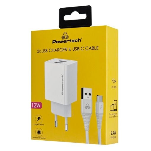 Εικόνα της Φορτιστής Powertech 2x USB-A με Kαλώδιο 12W White PT-1324