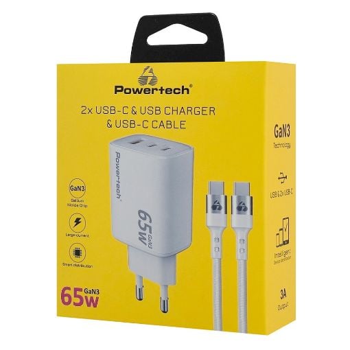 Εικόνα της Φορτιστής Powertech USB-A & 2x USB-C με Καλώδιο GaN 65W White PT-1415