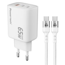 Εικόνα της Φορτιστής Powertech USB-A & 2x USB-C με Καλώδιο GaN 65W White PT-1415