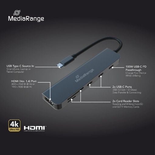 Εικόνα της Docking Station MediaRange USB Type-C 6-in-1 Silver MRCS519