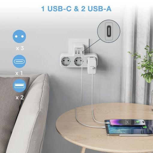 Εικόνα της Tessan Wall Outlet 3 Θέσεων με 2x USB-A & 1x USB-C TS-323-C