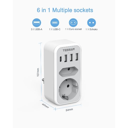 Εικόνα της Tessan Wall Socket 2 Θέσεων με 3x USB-A & 1x USB-C TS-328-DE-C
