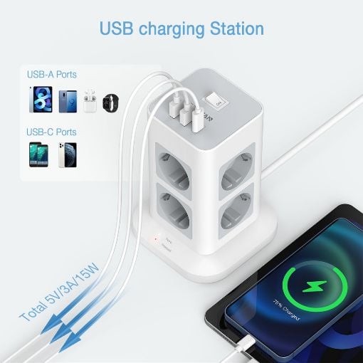 Εικόνα της Πολύπριζο Tessan Tower Surge Protector 8 Θέσεων με 2x USB-A & 1x USB-C TPS03-DE-C