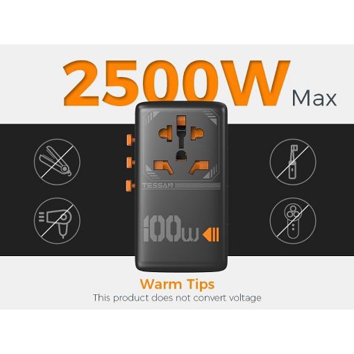 Εικόνα της Φορτιστής Tessan Universal Travel Adapter με 2x USB-A & 2x USB-C 100W Black TS-WTA04
