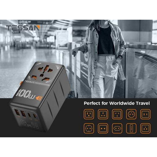 Εικόνα της Φορτιστής Tessan Universal Travel Adapter με 2x USB-A & 2x USB-C 100W Black TS-WTA04