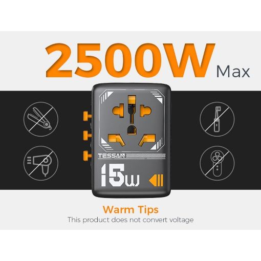Εικόνα της Φορτιστής Tessan Universal Travel Adapter με 2x USB-A & 1x USB-C 15W Black TS-WTA01