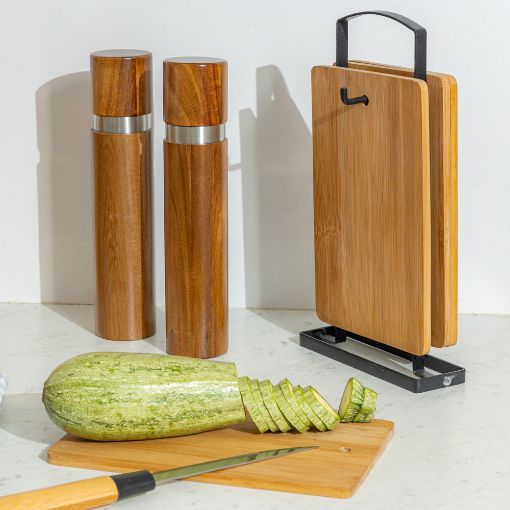 Εικόνα της Σετ Επιφάνεια Κοπής Estia Bamboo Essentials με Μεταλλική Βάση 4 τμχ Καφέ 01-20804