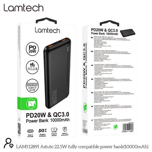 Εικόνα της Power Bank Lamtech 10000mAh 2x USB-A & USB-C Black LAM112891
