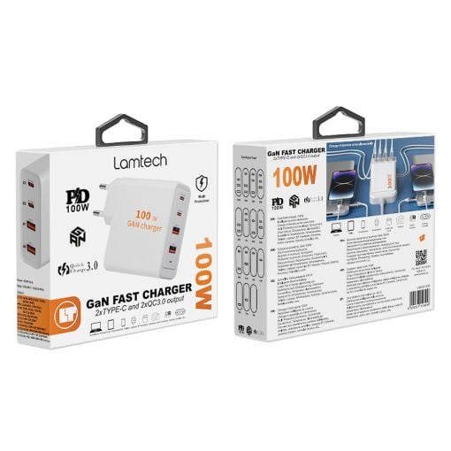 Εικόνα της Φορτιστής Lamtech 2x USB-A QC3.0 & 2x USB-C PD GaN 100W White LAM113416