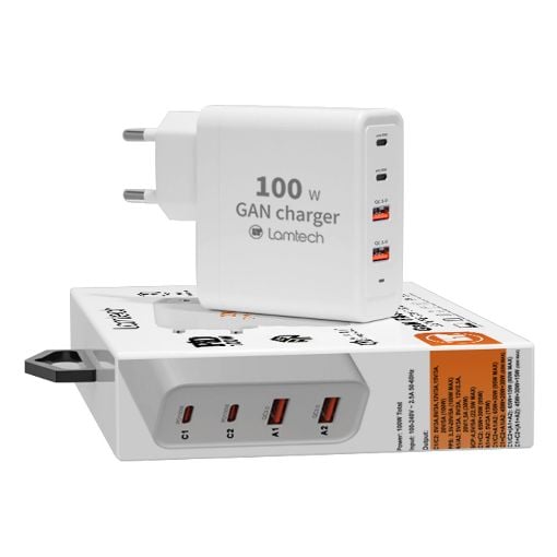 Εικόνα της Φορτιστής Lamtech 2x USB-A QC3.0 & 2x USB-C PD GaN 100W White LAM113416