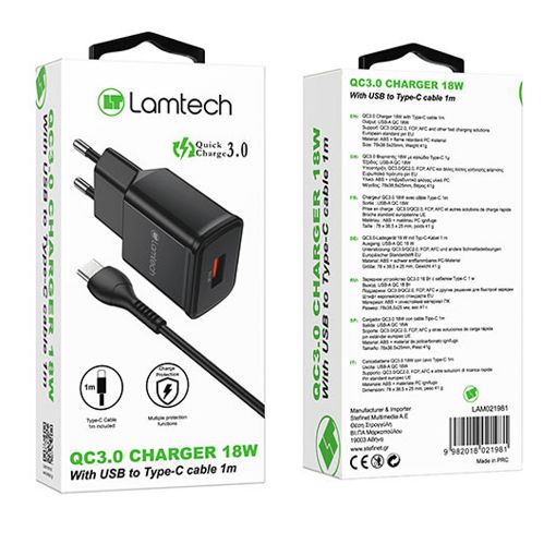 Εικόνα της Φορτιστής Lamtech USB-A QC3.0 18W με Καλώδιο USB-C 1m Black LAM021981