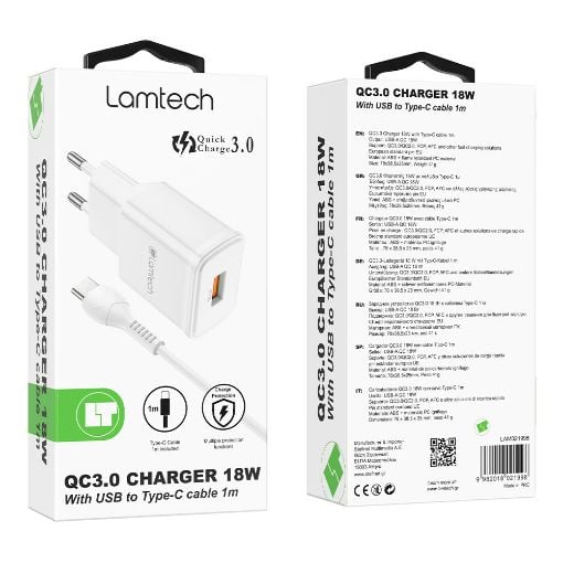 Εικόνα της Φορτιστής Lamtech USB-A QC3.0 18W με Καλώδιο USB-C 1m White LAM021998