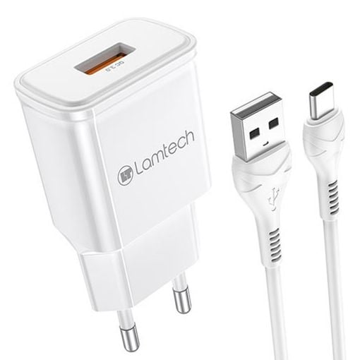 Εικόνα της Φορτιστής Lamtech USB-A QC3.0 18W με Καλώδιο USB-C 1m White LAM021998