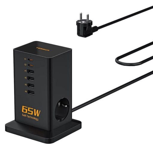 Εικόνα της Πολύπριζο Tessan 2 Θέσεων GaN 65W με 4x USB-A & 2x USB-C TS-FS02DE00