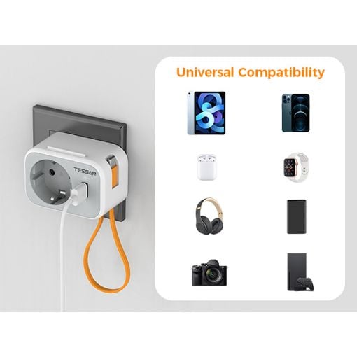 Εικόνα της Tessan Wall Socket 1 Θέσης με 1x USB-A & Καλώδιο USB-C 15cm TS-332-DE