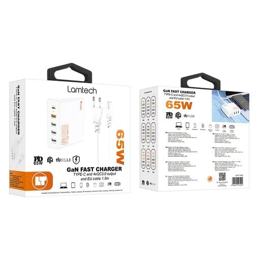 Εικόνα της Φορτιστής Lamtech 4x USB-A QC3.0 & USB-C PD GaN 65W White LAM113409