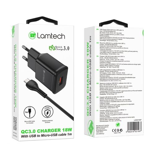 Εικόνα της Φορτιστής Lamtech USB-A QC3.0 18W με Καλώδιο Micro-USB 1m Black LAM021967