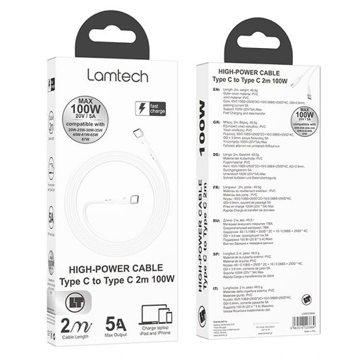 Εικόνα της Καλώδιο Lamtech USB-C to USB-C 100W 2m White LAM023664