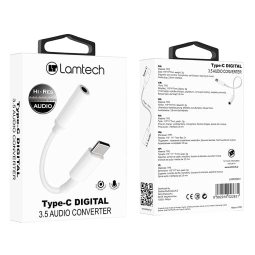Εικόνα της Adapter Lamtech USB-C Male to 3.5mm Female White LAM023831