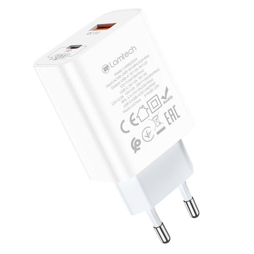Εικόνα της Φορτιστής Lamtech USB-A QC3.0 & USB-C PD 30W White LAM023534