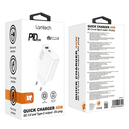 Εικόνα της Φορτιστής Lamtech USB-A QC3.0 & USB-C PD 45W White LAM023541