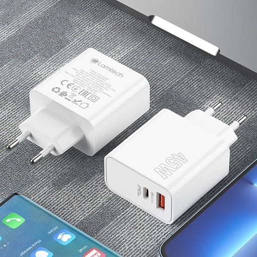 Εικόνα της Φορτιστής Lamtech USB-A QC3.0 & USB-C PD 45W White LAM023541