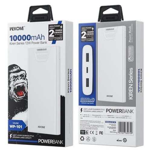 Εικόνα της Power Bank WK 10000mAh Dual USB-A QC2 12W White WP-101