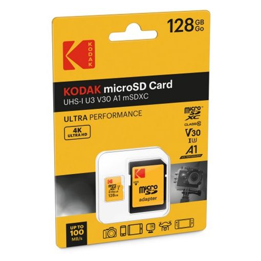 Εικόνα της Κάρτα Μνήμης microSDXC Kodak Class 10 128GB UHS-I U3 V30 + SD Adapter EKMSDM128GXC10HPRK