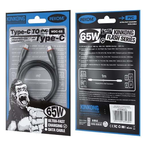 Εικόνα της Καλώδιο WK USB-C to USB-C 65W 1m Black WDC-68
