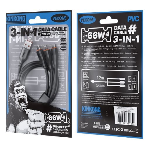 Εικόνα της Καλώδιο WK 3-in-1 USB-A to USB-C / Lightning / Micro-USB 66W 1.2m Black WDC-79