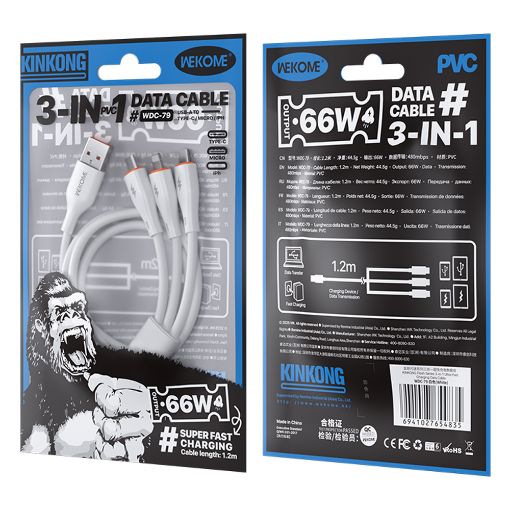 Εικόνα της Καλώδιο WK 3-in-1 USB-A to USB-C / Lightning / Micro-USB 66W 1.2m White WDC-79