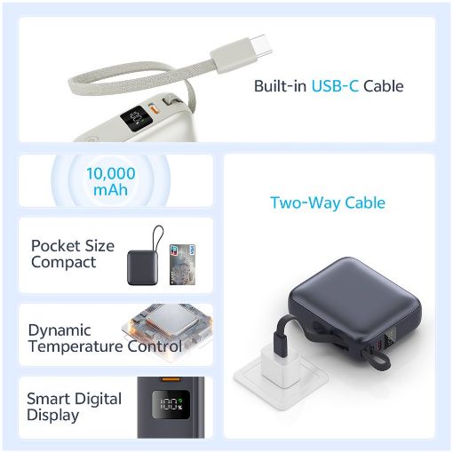 Εικόνα της Power Bank QCY PB10C USB-C & Built-In Cable 10000mAh 35W Grey