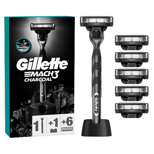 Εικόνα της Ξυραφάκι Gillette Mach3 Charcoal με 6 Ανταλλακτικές Κεφαλές & Βάση Στήριξης