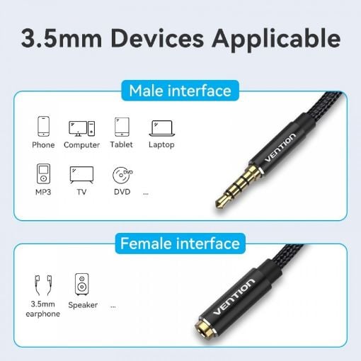Εικόνα της Καλώδιο Επέκτασης Vention 3.5mm Male to 3.5mm Female Braided 1m Black BHCBF