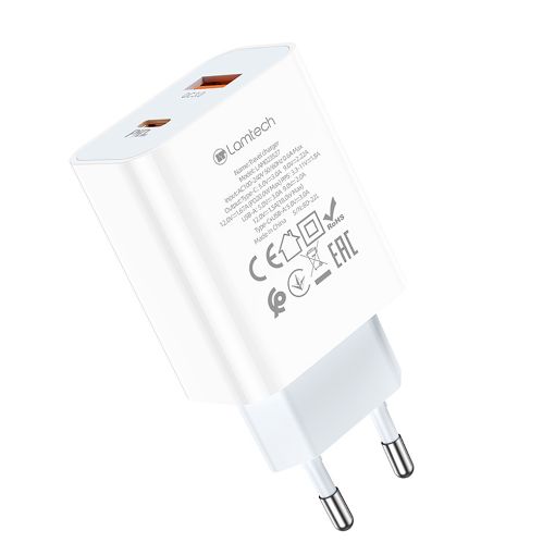 Εικόνα της Φορτιστής Lamtech USB-A QC3.0 & USB-C PD 20W White LAM023527