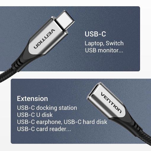 Εικόνα της Καλώδιο Επέκτασης Vention USB-C Male to USB-C Female Braided 1m Gray TABHF