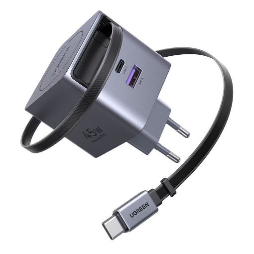 Εικόνα της Φορτιστής Ugreen X614 με USB-C/USB-A & Ενσωματωμένο Καλώδιο USB-C GaN PD 45W Grey 65822