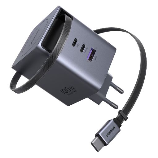 Εικόνα της Φορτιστής Ugreen X616 με 2x USB-C/USB-A & Ενσωματωμένο Καλώδιο USB-C GaN PD 100W Grey 65828