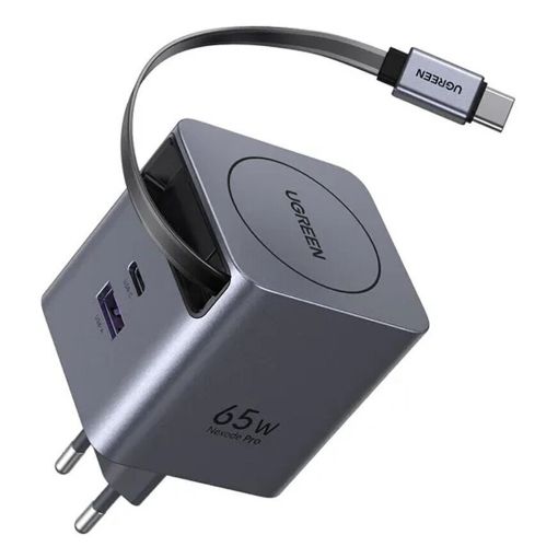 Εικόνα της Φορτιστής Ugreen X615 με USB-C/USB-A & Ενσωματωμένο Καλώδιο USB-C GaN PD 65W Grey 65825