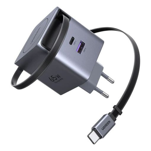 Εικόνα της Φορτιστής Ugreen X615 με USB-C/USB-A & Ενσωματωμένο Καλώδιο USB-C GaN PD 65W Grey 65825