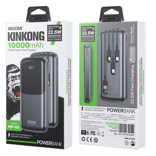 Εικόνα της Power Bank WK 10000mAh WP-65 USB-C/Lightning/Micro/USB Built-In Cables 22.5W Black