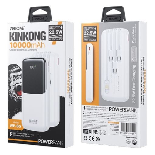 Εικόνα της Power Bank WK 10000mAh WP-65 USB-C/Lightning/Micro/USB Built-In Cables 22.5W White