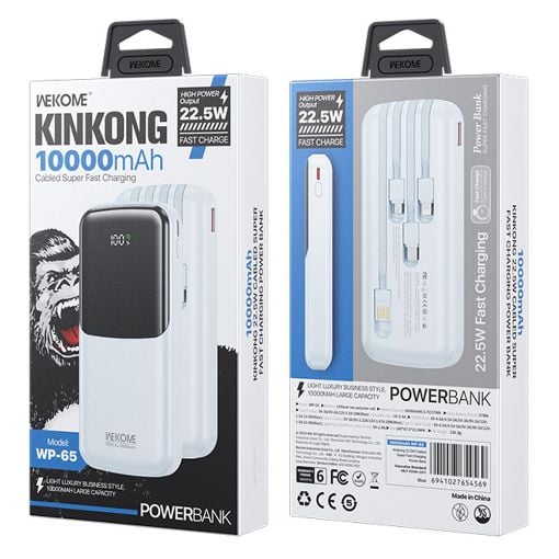 Εικόνα της Power Bank WK 10000mAh WP-65 USB-C/Lightning/Micro/USB Built-In Cables 22.5W Blue