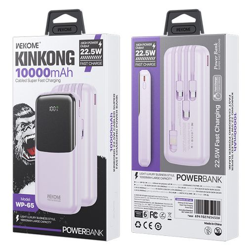 Εικόνα της Power Bank WK 10000mAh WP-65 USB-C/Lightning/Micro/USB Built-In Cables 22.5W Purple