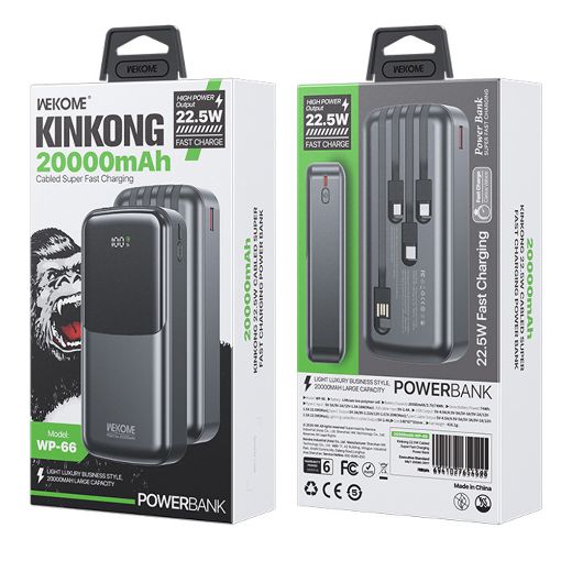 Εικόνα της Power Bank WK 20000mAh WP-66 USB-C/Lightning/Micro/USB Built-In Cables 22.5W Black