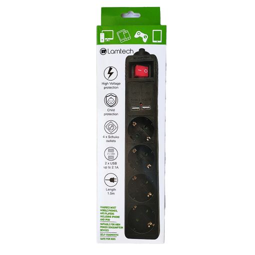 Εικόνα της Πολύπριζο Lamtech 4 Θέσεων με 2x USB-A 1.5m Μαύρο LAM111931